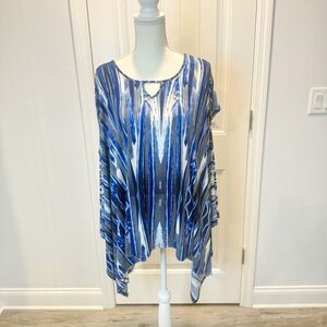 Cato Women's Blouse Blue White Tie Dye Shark Bite Large Short Sleeves Keyhole